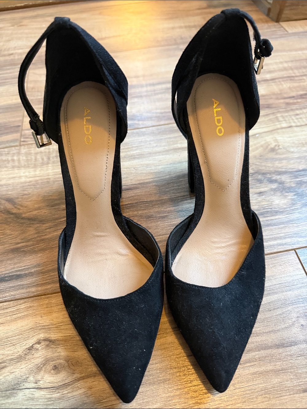 Aldo Black Pointed Toe Suede Ankle Strap Heels